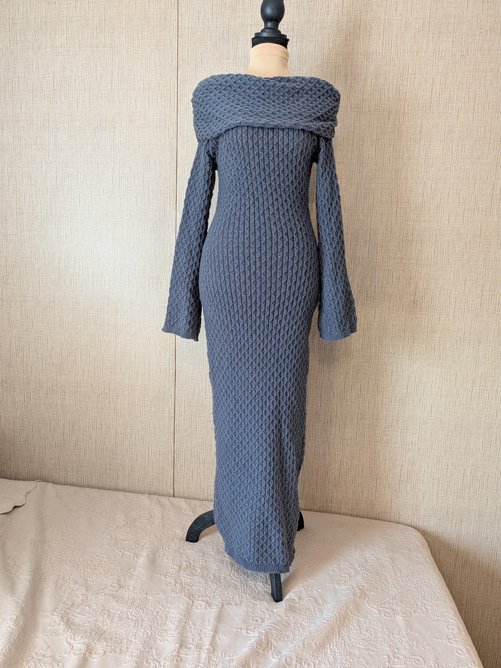 Missguided Slate Gray Off-Shoulder Cable Knit Maxi Dress